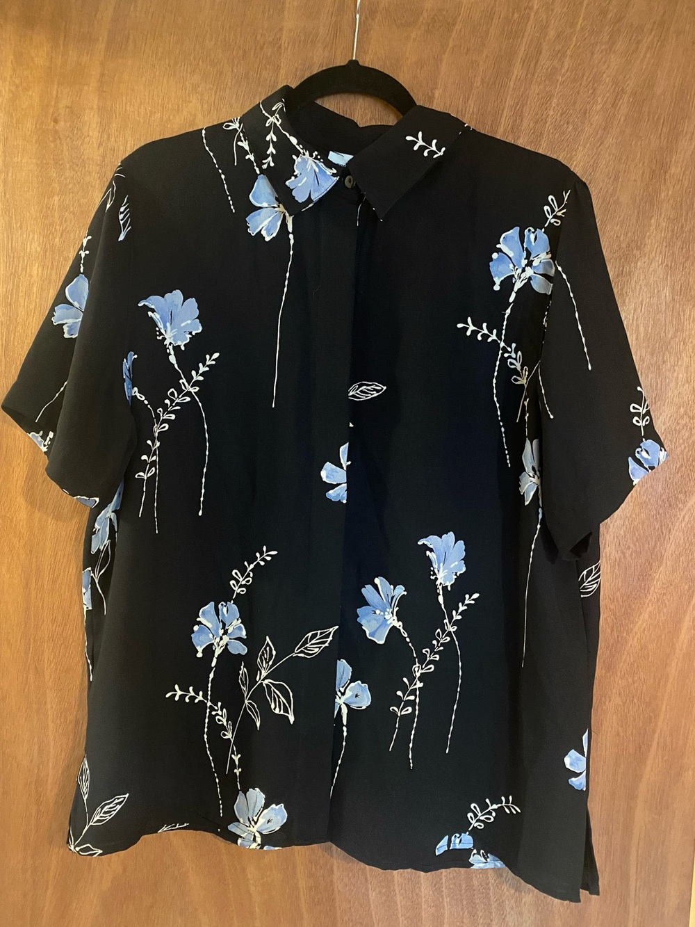 Black Floral Short-Sleeve Blouse with Blue Flowers